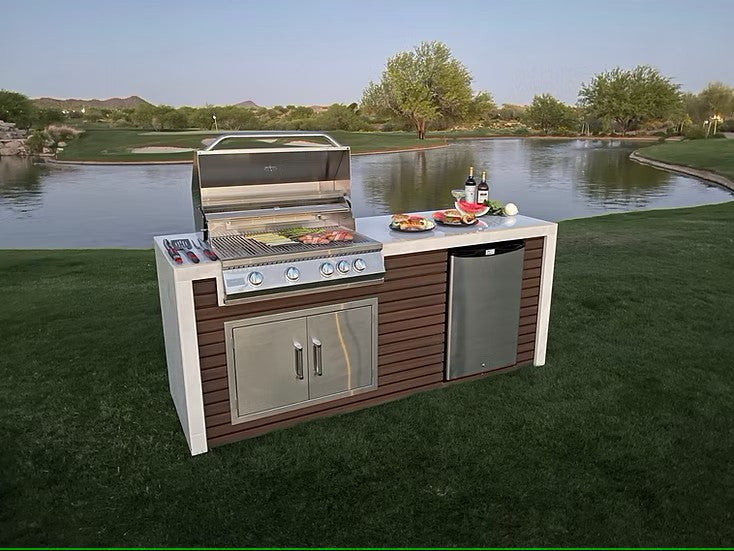 Classic Shiplap Outdoor Kitchen KoKoMo Grill with Waterfall Edge